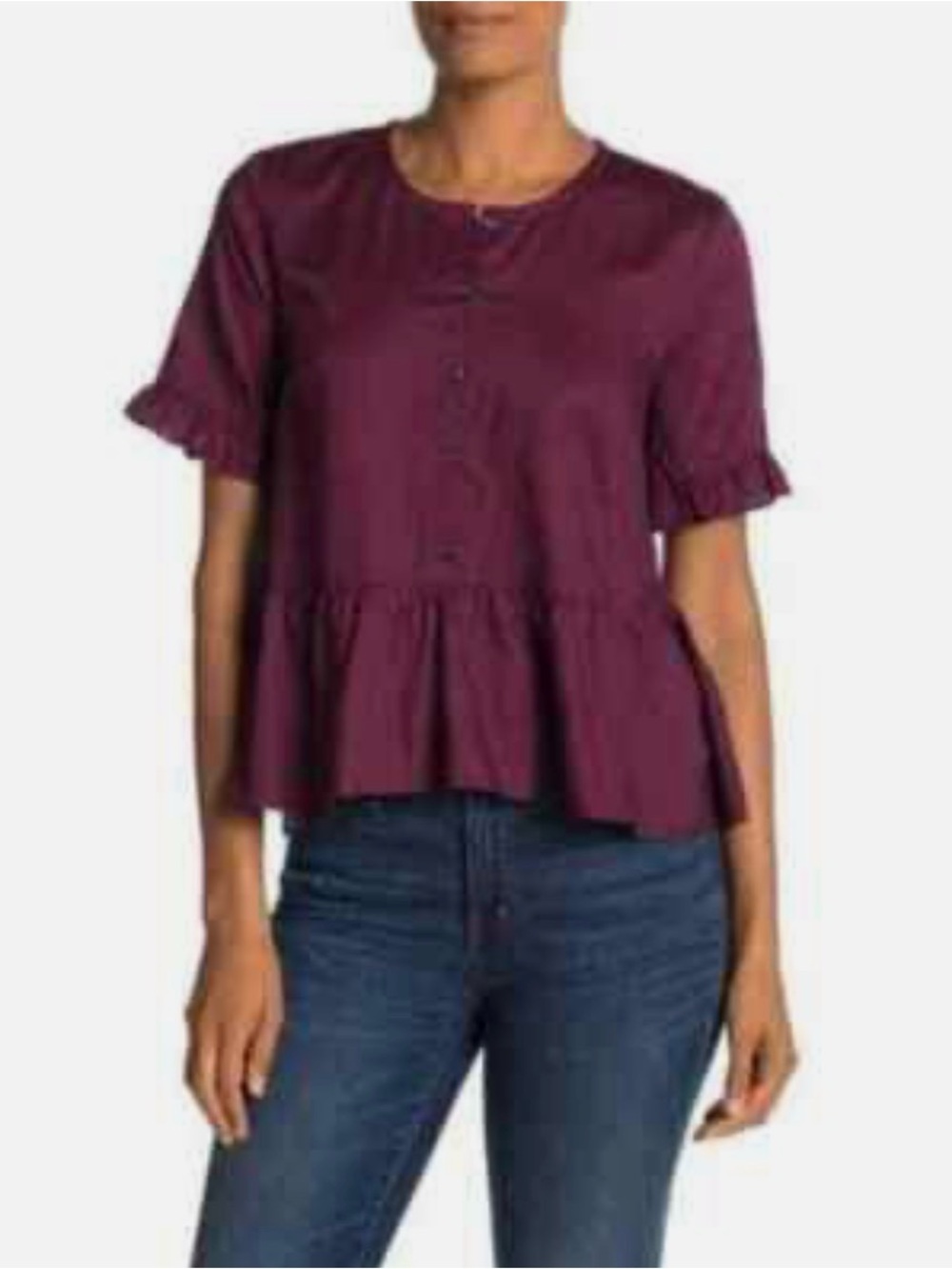 Madewell Ruffle-Sleeve Peplum Button-Front Top in Plum